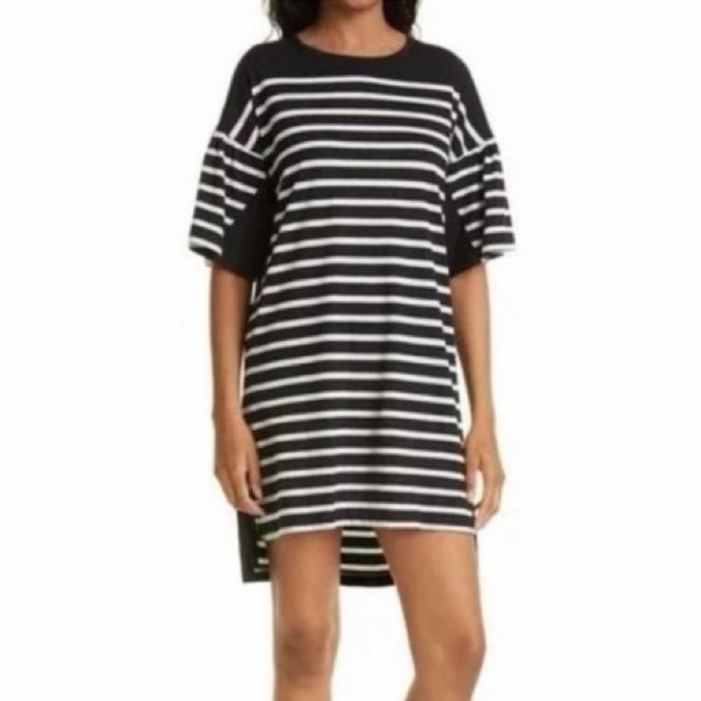 La Ligne Striped Drop Shoulder Puff Sleeve ShirtDress In Black Size XS